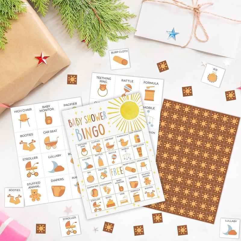 Mueddur Baby Shower Bingo Card, Sunshine Bingo Set for Adults Large Group Family Friends, Gender Neutral Baby Shower Game, Boho Sun Bingo Kit for Gender Reveal Party, Holiday Games for 24 Players -09 - Image 3
